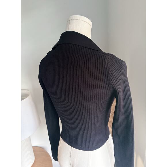 Babaton Black Ribbed Sculpt Knit Polo Long Sleeve Crop Sweater Small Collared - Picture 7 of 10